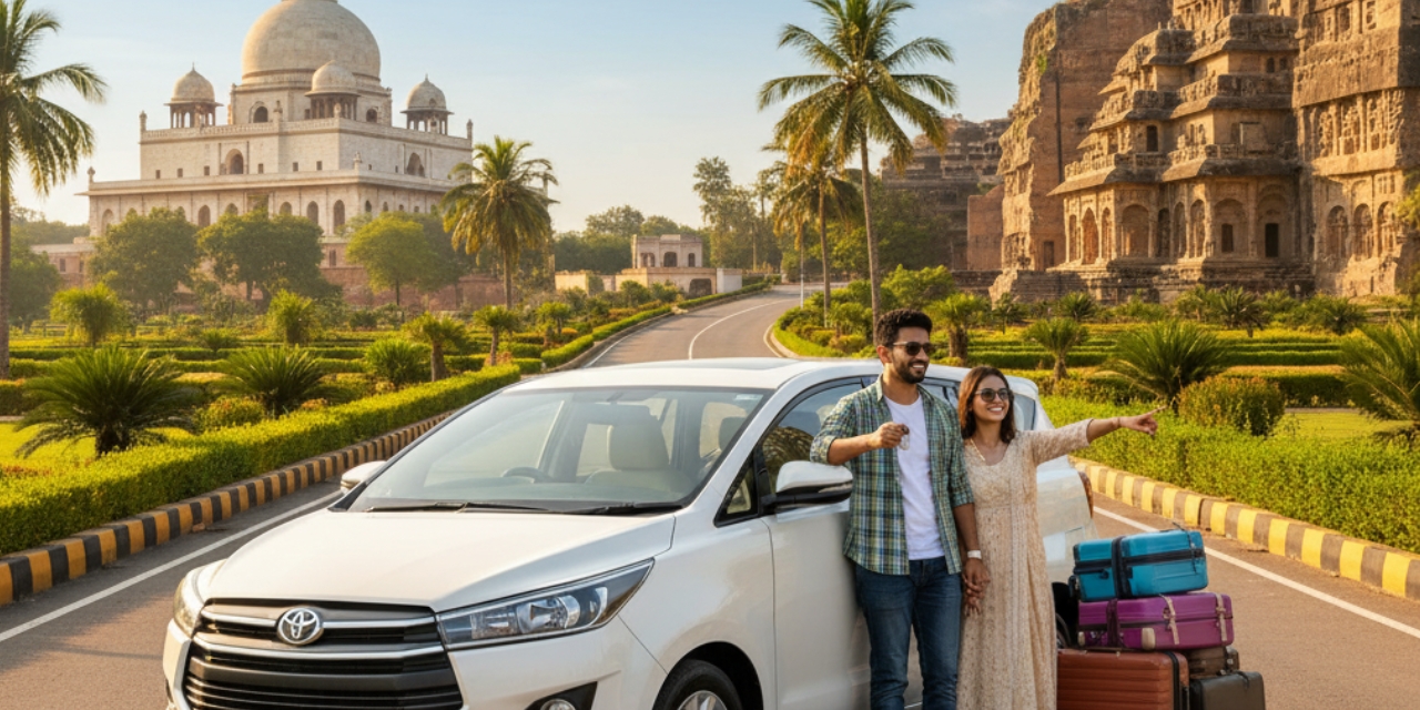 Couple renting affordable car near Bibi Ka Maqbara, Aurangabad
