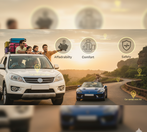 Car rental booking website of Omicron Journeys with travelers and luggage in Aurangabad